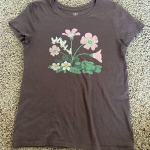 GAP S Chocolate Tee with Pink Floral Design